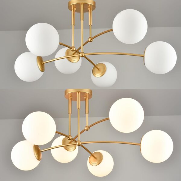 CLAXY Mid Century Gold Ceiling Light Semi Flush Mount Opal Globe Chandelier 6-Light Ceiling Chandelier for Bedroom Living Room - Image 7
