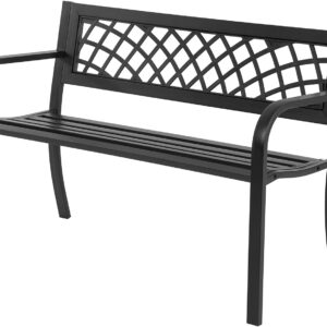 Garden Bench,Outdoor Benches,Iron Steel Frame Patio Bench with Mesh Pattern and Plastic Backrest Armrests for Lawn Yard Porch Work Entryway,Black