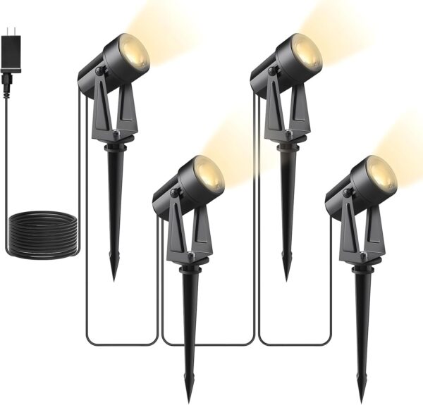 Svater Landscape Lighting Low Voltage,4 Pack Outdoor Spotlights with Transformer, Plug in LED Spot Lights for Yard, Backyard,House 12V 3000K Warm White, IP65 Waterproof