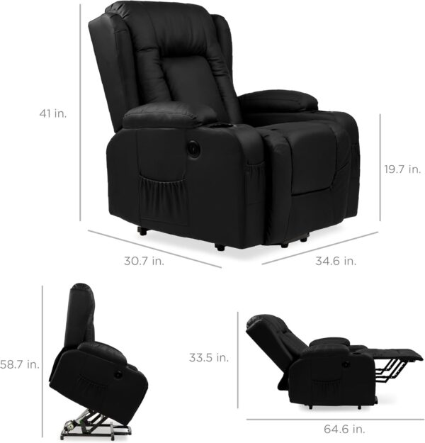 Best Choice Products PU Leather Electric Power Lift Chair, Recliner Massage Chair, Adjustable Furniture for Back, Legs w/ 3 Positions, USB Port, Heat, Cupholders, Easy-to-Reach Side Button - Black - Image 3