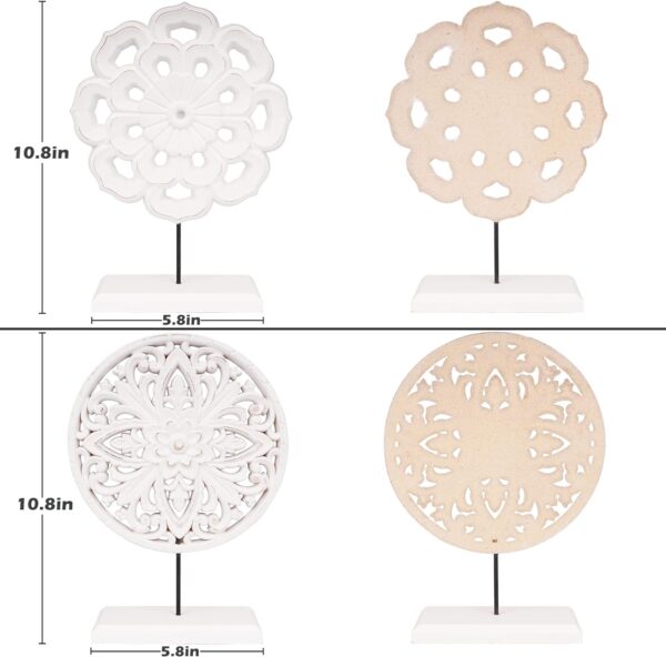 AXEARTE 2 Pack Wooden Carved Cutout Flower Medallion Sculpture, Rustic Distressed White MDF Statues Home Tabletop Decor, Decorative Ornaments for Living Room, Bedroom, Office Desktop, Cabinets - Image 2