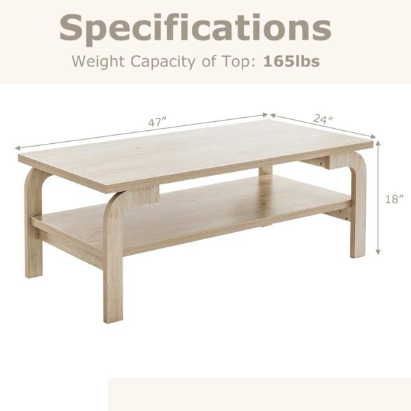Giantex 2-Tier Coffee Table with Storage, 47” Mid Century Rectangle Accent Table with Open Shelf, Large Tabletop & Curved Legs, Rustic Style Wood Cocktail Table, Center Table for Living Room, Natural - Image 2