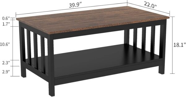 ChooChoo Farmhouse Coffee Table, Black Living Room Table with Shelf, 40 Inch - Image 2