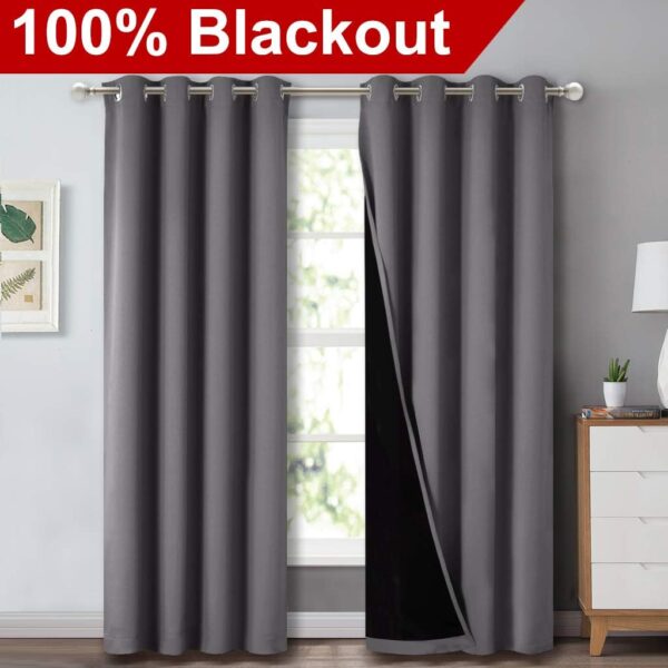 NICETOWN Grey Full Shade Curtain Panels, Pair of Energy Smart & Noise Blocking Out Blackout Drapes for Dining Room Window, Thermal Insulated Guest Room Lined Window Dressing(Gray, 52 x 84 inch) - Image 2