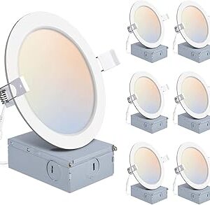 6 Pack 6 Inch LED Recessed Lights with Junction Box, Recessed Lighting 6 Inch 5CCT Dimmable 2700K-6000K,15W 1200lm Canless Downlight-ETL and Energy Star Certified