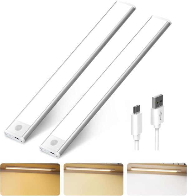 Under Cabinet Lighting, 54 LED 12in Long Rechargeable Under Cabinet Lights, Dimmable Wireless Motion Sensor Lights with 3 Color Temperature for Kitchen/Bedroom/Corridor/Stairs (2 PCS)