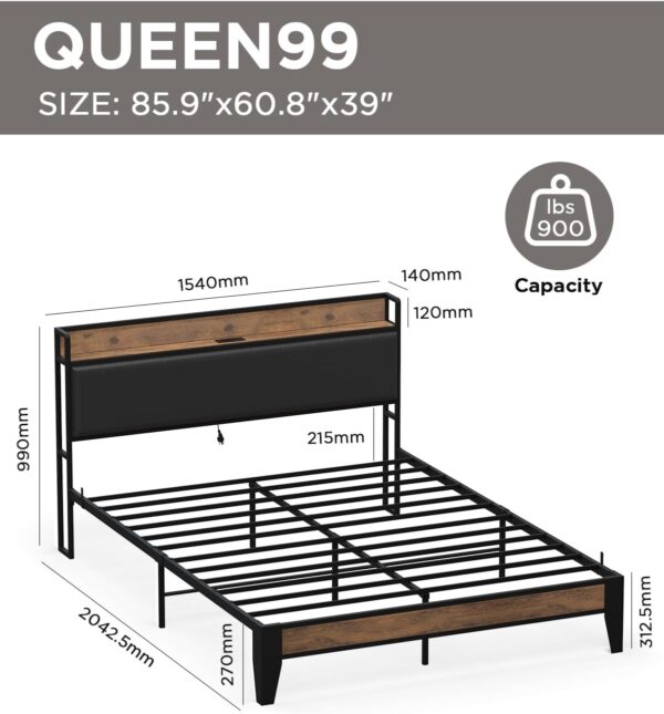 Bed Frame with Storage Headboard, Built-in Charging Station, Easy Assembly, Noise Free, Non-Slip Design, Sturdy and Stable, No Box Spring Needed, Heavy Duty Metal Support Bed Frame-QUEEN99 - Image 2