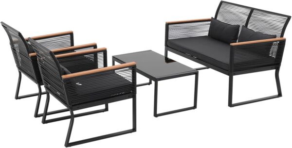 Patiorama 4 Piece Patio Furniture Set, Outdoor Wicker Bistro Set, All-Weather Black PE Rattan Conversation Set w/Coffee Table, Loveseat, Wood-like Armrest, Cushions for Garden Balcony Deck, Dark Grey - Image 2
