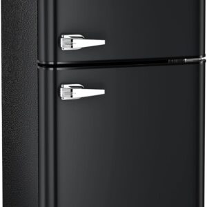 Antarctic Star Compact Mini Refrigerator Separate Freezer, Small Fridge Double 2-Door Adjustable Removable Retro Stainless Steel Shelves Camper Basement/Dorm/Office 3.2 cu ft.Black