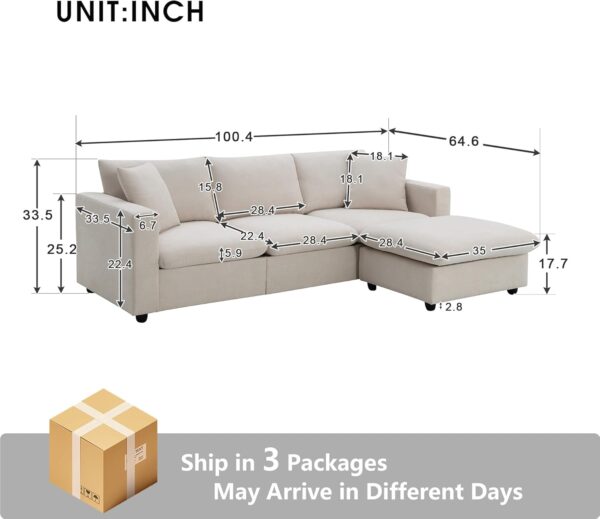 100.4" Modular Sectional Sofa for Living Room, Modern Convertible L Shaped Cloud Couch Set with Ottoman, 4 Seater Polyester Fabric Sofa with 2 Pillows for Apartment Office - Image 2