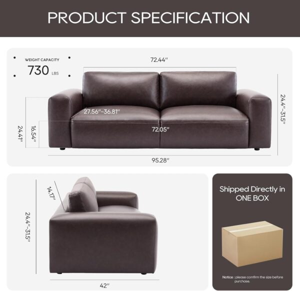 COLAMY 95" Oversized PU Leather Sofa, Comfy Sofa Couch with Extra Deep Seats, Wide Arm, Down Filled 3-Seater Modern Sofa for Living Room, Apartment Lounge-Chocolate - Image 3