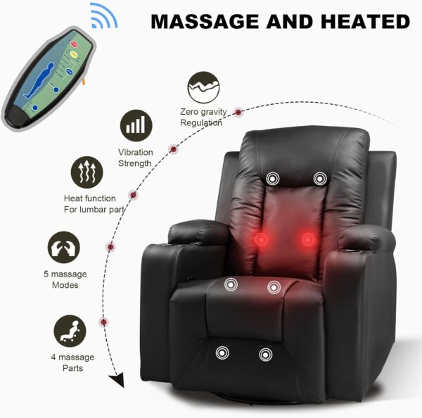 COMHOMA Recliner Chair, PU Rocking Chair for Adults, Swivel Recliner with Cup Holders, Heat and Massage, Single Sofa Seat with Side Pockets for Living Room, Bedroom (Black) - Image 4