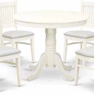 East West Furniture ANVA5-LWH-C 5 Piece Dining Room Table Set Includes a Round Kitchen Table with Pedestal and 4 Linen Fabric Upholstered Dining Chairs, 36x36 Inch, Linen White