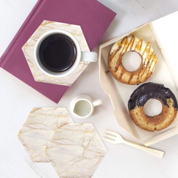 Geila Coasters for Drinks, 8pcs Coasters for Coffee Table, Marble Coasters for Drinks Absorbent with Metal Holder, Gold Cup Coasters Set Rustic Home Decor for Living Room Bar - Housewarming Gifts - Image 2