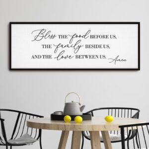 GraceView Bless the Food Before Us Wall Decor Framed Canvas - 42"X15" Inspirational Bless This Food Before Us Sign Wall Art with Hanging Accessories For Dining Room Wall Decor (Black)
