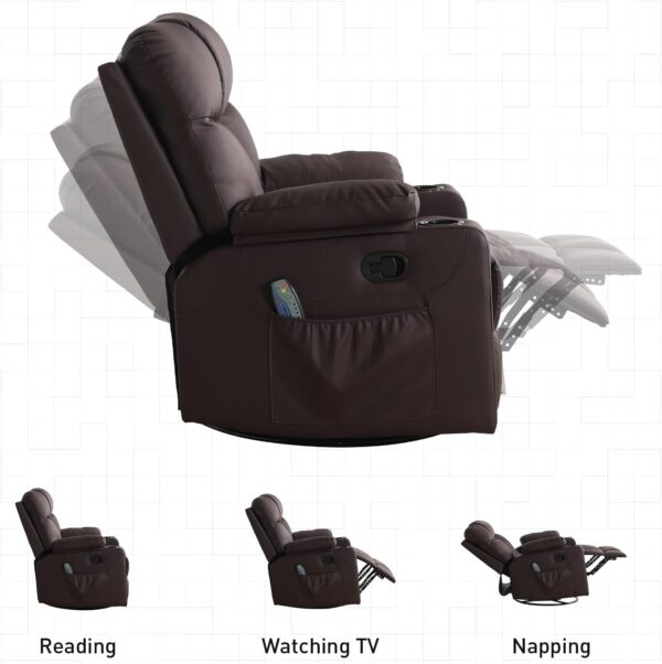 Bonzy Home Oversized Swivel Rocker Recliner, 40" Rocking Recliner Chair with Heated and Massage, PU Leather Single Sofa with Swivel Function, 2 Cup Holders for Living Room Bedroom, Brown - Image 7