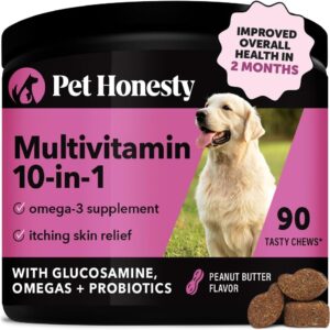 Pet Honesty Multivitamin Dog Supplement, Glucosamine chondroitin for Dogs, Probiotics, Omega Fish Oil, Dog Supplements & Vitamins, Dog Vitamins for Skin and Coat Allergies, (Peanut Butter 90 ct)
