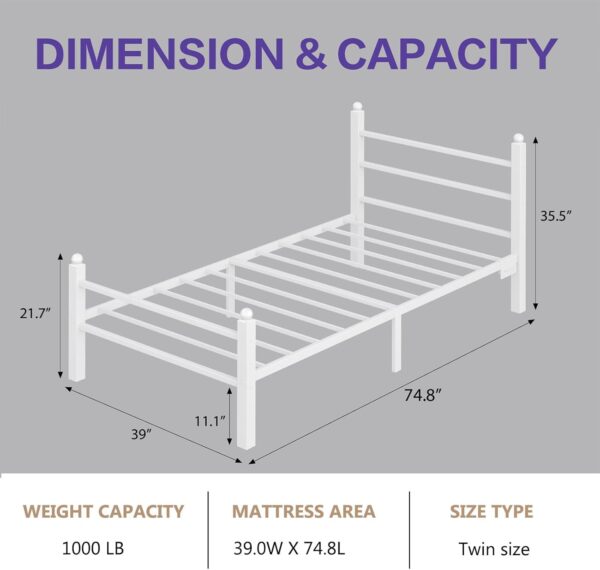 Twin Bed Frame with Headboard and Footboard,Heavy Duty Steel Slats Support Metal Bed Frame with Charging Station,White - Image 2