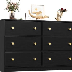 Nicehill 6 Drawers Dresser for Bedroom, Fabric Storage Tower, Dresser & Chest of Drawers Organizer，Storage Cabinet, Hallway, Closets, Living Room, Black Wooden Dresser（Black）