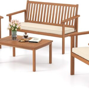 Tangkula 4 Piece Patio Wood Furniture Set, Acacia Wood Sofa Set w/Loveseat, 2 Chairs & Coffee Table, Soft Seat Cushions, Outdoor Wood Furniture Set for Porch, Yard, Balcony (Off White)