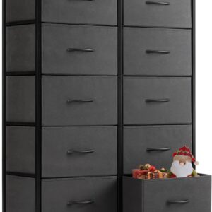 Sweetcrispy Dresser, Tall Dresser for Bedroom, Drawer Dresser Organizer Storage Drawers with 10 Drawers, Chest of Drawers with Fabric Bin, Steel Frame, Wood Top for Bedroom, Closet, Entryway