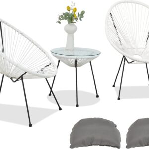 ECOTOUGE 3 Pieces Acapulco Chair Set, Wicker Bistro Set with Pillow, Outdoor Rattan Furniture Set with Glass Top Table for Porch, Balcony, Garden and Poolside, White