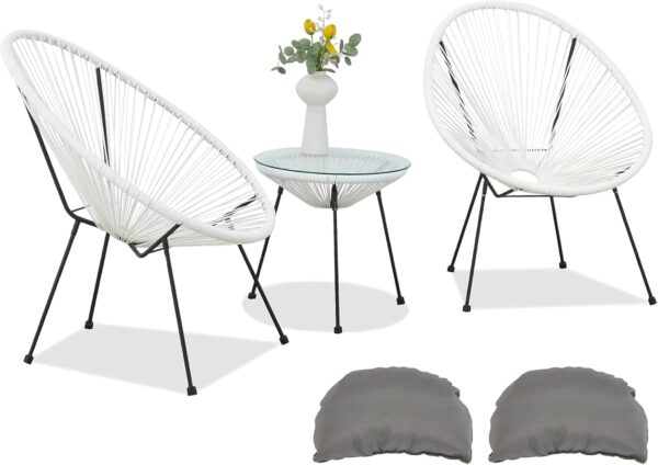 ECOTOUGE 3 Pieces Acapulco Chair Set, Wicker Bistro Set with Pillow, Outdoor Rattan Furniture Set with Glass Top Table for Porch, Balcony, Garden and Poolside, White