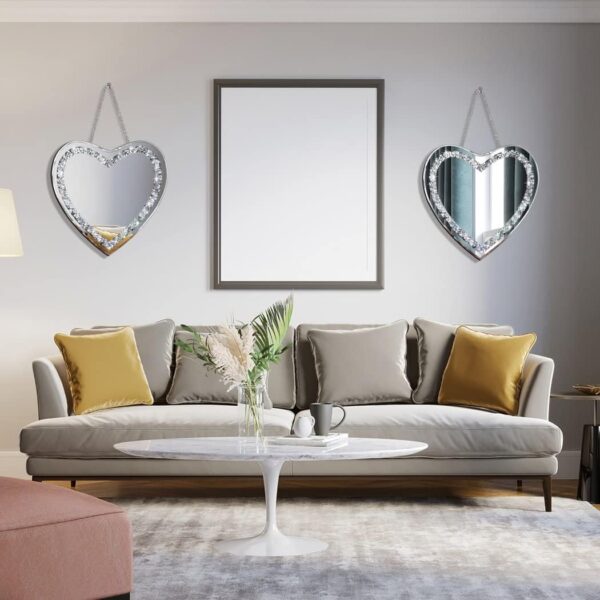 DMDFIRST Heart Shaped Silver Glass Mirror 2 Pack 12x12inch Crystal Crush Diamond Decor Chain Mirror for Wall Decoration - Image 4