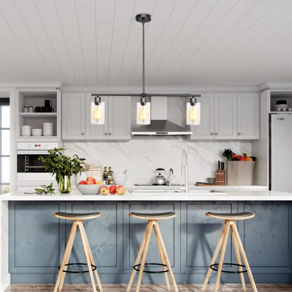 Kitchen Island Lighting, 3-Lights Black Pendant Lights Kitchen Island, Hanging Linear Light Fixture Chandelier With Glass Shades and Adjustable Rods, Modern Dining Room Light Fixtures Over Table - Image 2