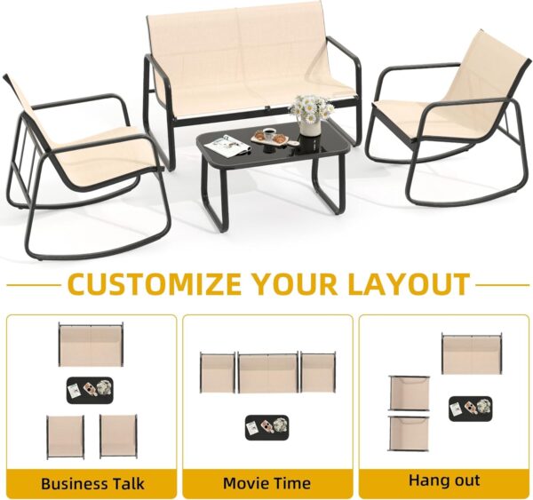 DWVO 4 Piece Patio Furniture Set, Outdoor Conversation Sets for Patio, Lawn, Garden, Poolside with Rocking Chair Set of 2 and Glass Coffee Table - Brown - Image 7