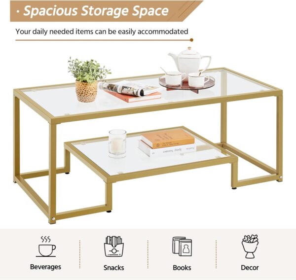 Yaheetech Gold Coffee Table, 42" Rectangular Glass Coffee Table for Living Room, 2-Tier Center Tea Table with Metal Frame for Small Space, Apartment, Office - Image 6