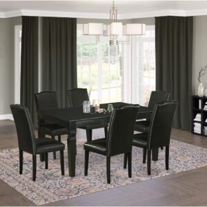 East West Furniture WEEN7-BLK-69 7 Piece Dining Table Set Consist of a Rectangle Dining Room Table with Butterfly Leaf and 6 Black Faux Leather Upholstered Chairs, 42x60 Inch, Black