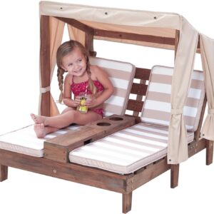 KidKraft Wooden Outdoor Double Chaise Lounge with Cup Holders, Patio Furniture for Kids or Pets, Espresso with Oatmeal and White Striped Fabric