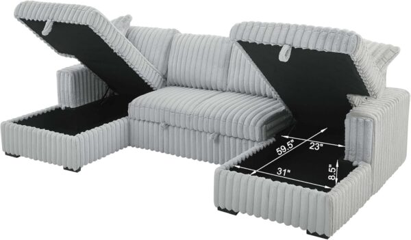 122'' Convertible U-Shaped Faux Rabbit Fur Plush Sectional Sleeper Sofa, Upholstered Cloud Couch Pull-Out Sofa Bed with Storage Chaise and 3 Throw Pillows for Living Room (Grey, 122'' x 64'') - Image 6