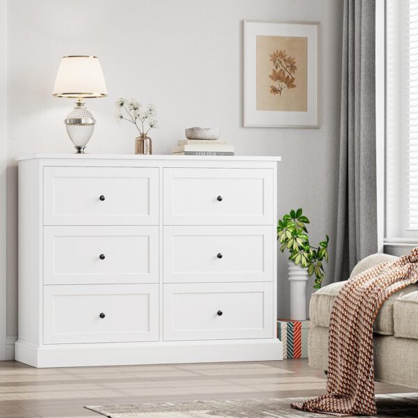 FOTOSOK White Dresser, 6 Drawer Dresser White, Modern Double Chest with Deep Drawers, Wide Storage Organizer Cabinet for Living Room Home - Image 4