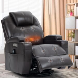 Power Lift Chair for Elderly,PU Leather Electric Recliner w/Massage and Heating, 3 Positions, Side Pockets and Cup Holders, USB Ports, Remote Control, Motorized Home Theater Seat, Brown
