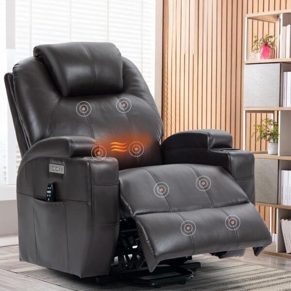 Power Lift Chair for Elderly,PU Leather Electric Recliner w/Massage and Heating, 3 Positions, Side Pockets and Cup Holders, USB Ports, Remote Control, Motorized Home Theater Seat, Brown