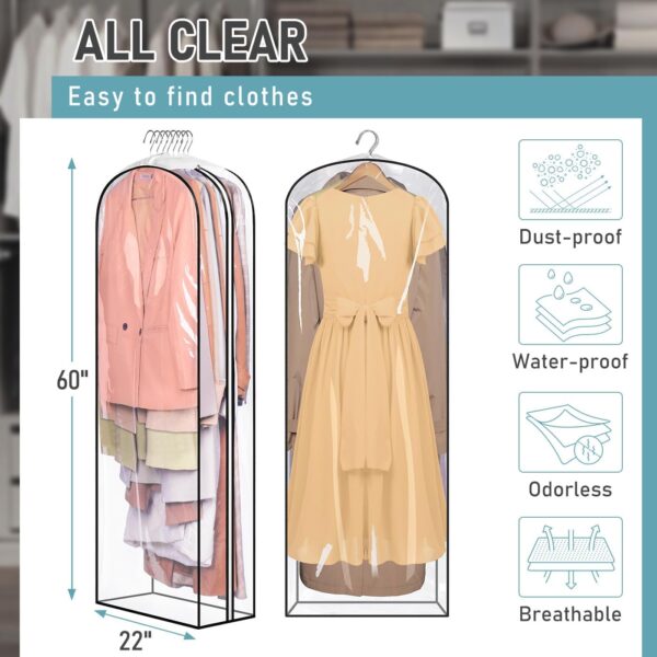 MISSLO 10" Gusseted All Clear Garment Bags for Hanging Clothes 60" Dress Bags for Gowns Long Hanging Clothes Bag for Closet Dress Cover for Coats, 3 Packs - Image 5