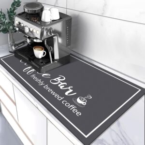 Dish Drying Mat, 17"x32" Absorbent Coffee Bar Mat for Countertops, Coffee Bar Accessories with Coffee Cup Pattern for Kitchen Counter Coffee Maker Coffee Pot Dining Room Decoration, DarkGrey