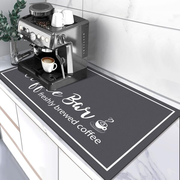 Dish Drying Mat, 17"x32" Absorbent Coffee Bar Mat for Countertops, Coffee Bar Accessories with Coffee Cup Pattern for Kitchen Counter Coffee Maker Coffee Pot Dining Room Decoration, DarkGrey