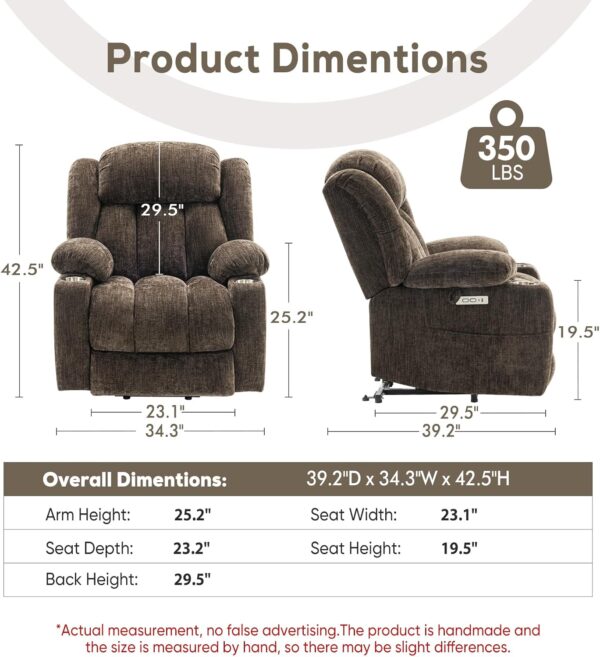 Large Power Lift Chairs Recliners for Elderly with Heated and Massage, Upgraded Chenille Lift Chairs Recliners, USB-A and USB-C, Cup Holder, Side Pocket, Brown - Image 2