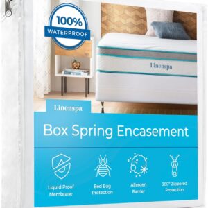 Linenspa Box Spring Encasement Queen, Complete Protection with Zipper, Waterproof Box Spring Protector Queen, White