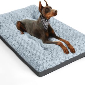 POCBLUE Deluxe Washable Dog Bed for Large Dogs Dog Crate Mat 36 Inch Comfy Fluffy Kennel Pad Anti-Slip for Dogs Up to 70 lbs, 36" x 23", Grey