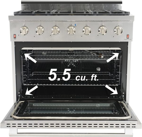 NXR SCD3611 36 in. 5.5 cu.ft. professional style Dual Fuel Gas Range with 6 burners & Convection Oven in Stainless Steel - Image 4