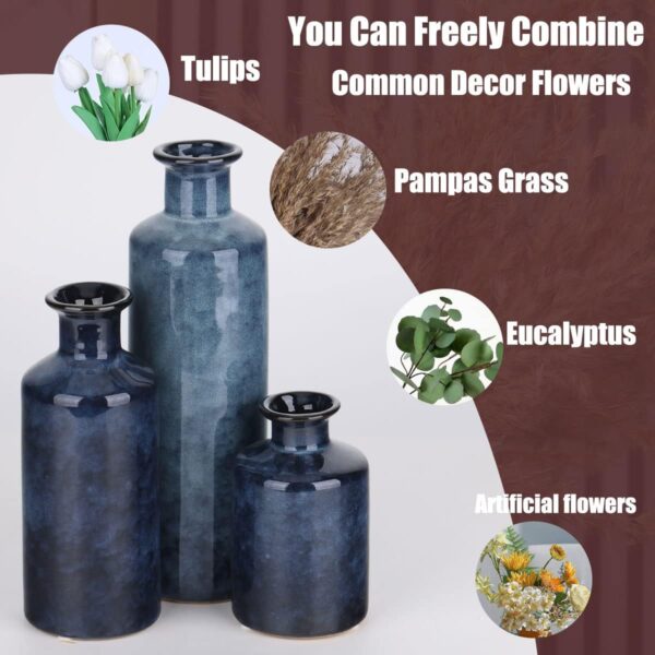 Blue Ceramic Vases Set - 3 Blue Small Vase, Farmhouse Country Blue Vases Home Decor, Living Room Decoration, Table Decoration, Fireplace Decor, and Entrance Decoration Centerpieces - Image 4