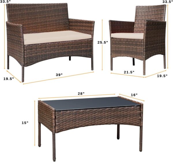 Flamaker Outdoor Furniture Patio Set Cushioned PE Wicker Rattan Chairs with Coffee Table 4 PCS for Garden Poolside Porch Backyard Lawn Balcony Use (Brown&Beige) - Image 7