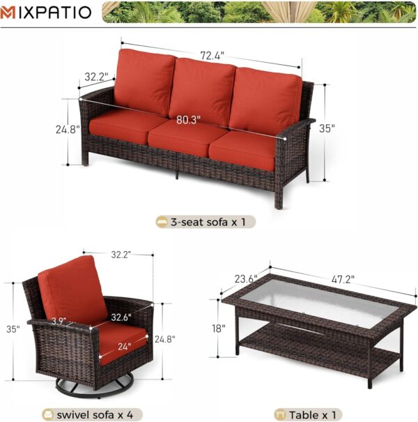 6-Piece Patio Furniture Set, Oversized Outdoor Wicker Sofa with Swivel Chairs and Coffee Table, Sectional Rattan Outdoor Conversation Set for Poolside Backyard Deck, Red - Image 6