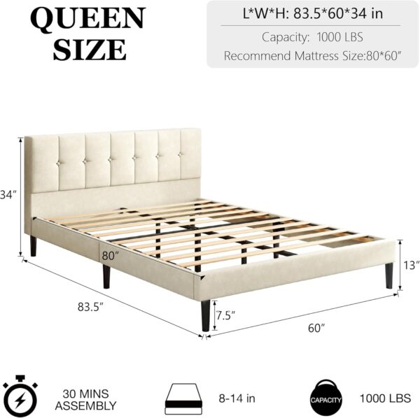 Queen Bed Frame, Platform Beds with Upholstered Headboard, Mattress Foundation with Wooden Slats Support, Easy Assembly, Noise Free, No Box Spring Needed, Beige Velvet - Image 2