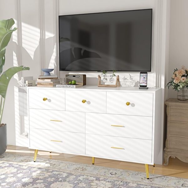White Dresser for Bedroom, 7 Drawer Dresser with Charging Station, Wood Chest of Drawers with Gold Handles, Modern Dressers & Chests of Drawers for Living Room, Hallway - Image 7