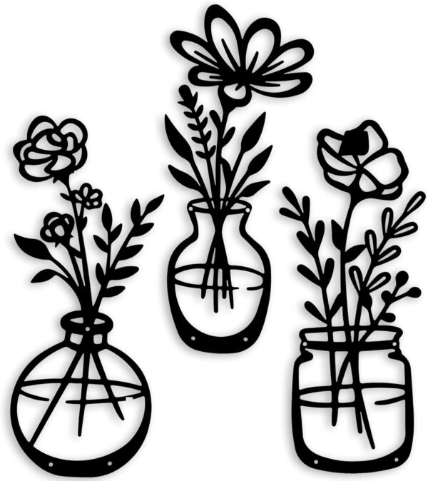 3 Pieces Black Metal Flowers Wall Decor Metal Vase Wall Art Metal Wall Sculptures Hanging for Indoor Kitchen Bathroom Bedroom Living Room,14.56x5.9 inches